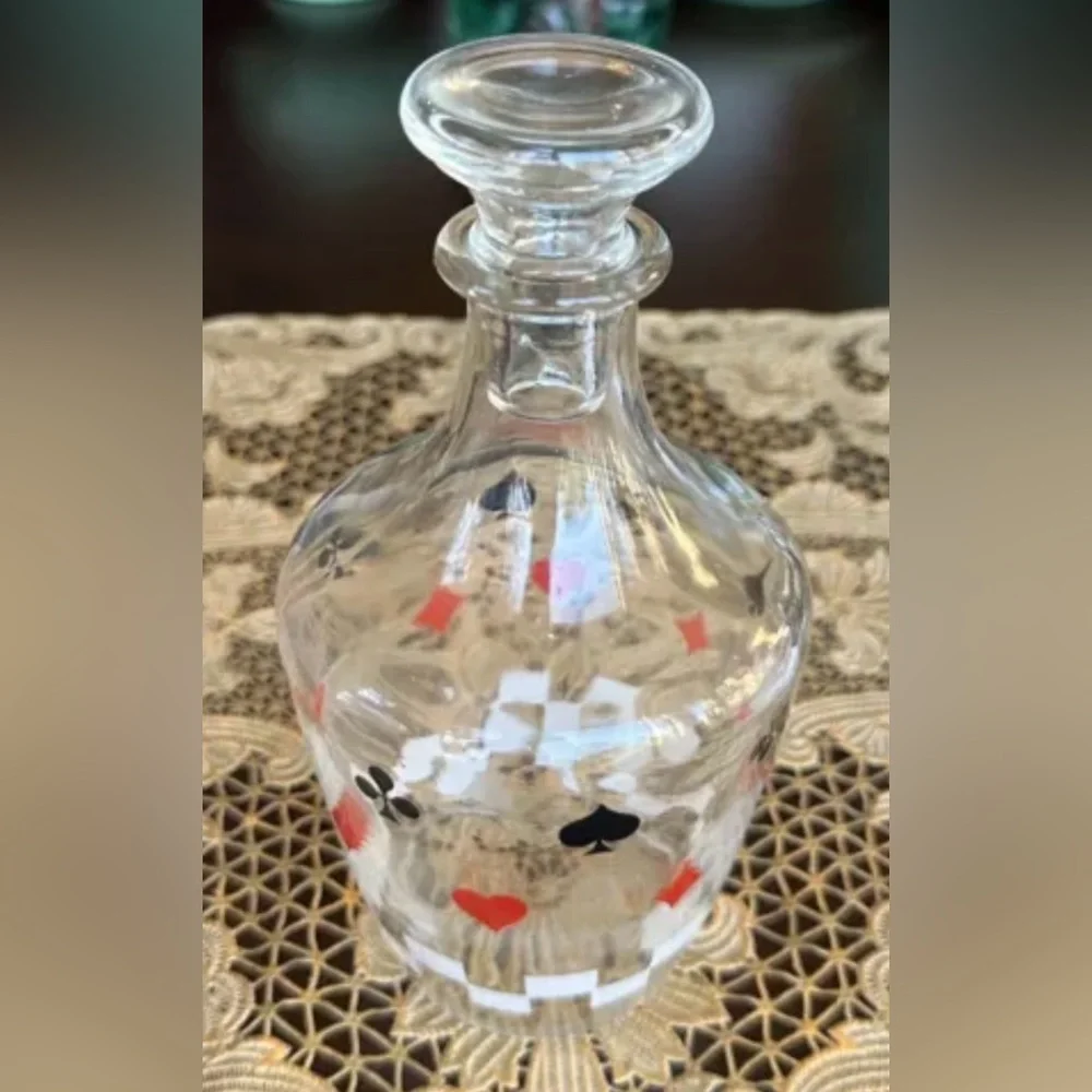Verrerie D'Arques France Barware Glass Decanter w/‎ Stopper Playing Cards Suits